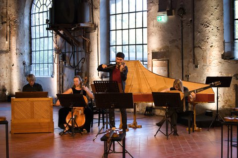 Mysteriensonaten, Gebläsehalle, Landschaftspark Nord, Duisburg. From the left: Wolfgang Kostujak, Salome Ryser, Yves Ytier, Liza Solovey