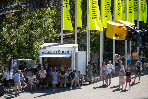 Opening of the installation "THE HUDDLE" by Katja Aufleger on the forecourt of the Jahrhunderthalle Bochum.